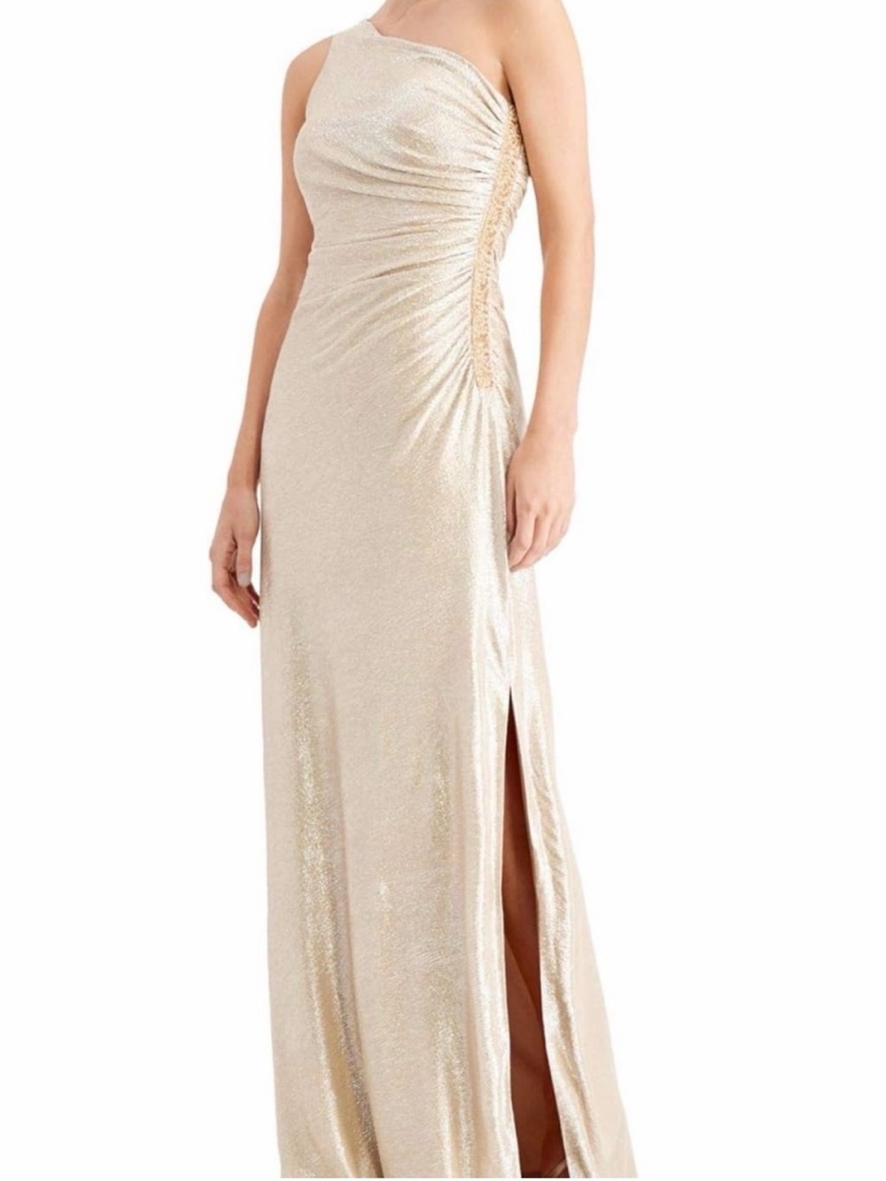 Calvin Klein One-Shoulder Metallic Gown in Champagne Gold